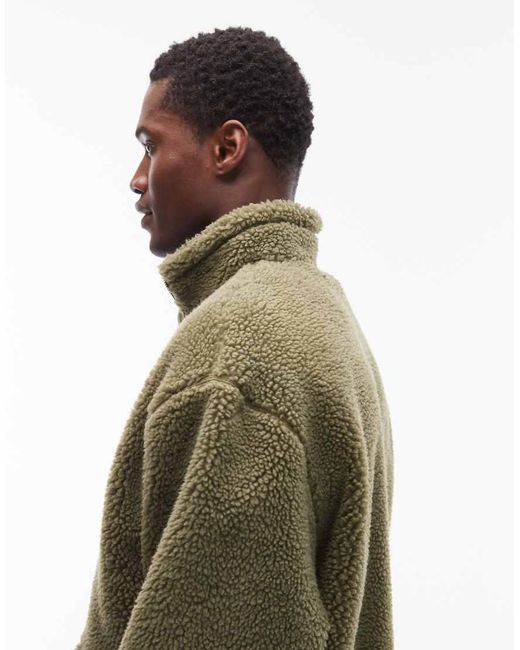 ASOS Green Relaxed Funnel Neck Zip Through Borg Sweatshirt for men