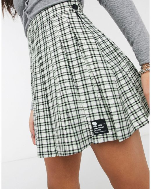 Bershka Green Checked Pleated Mini Skirt