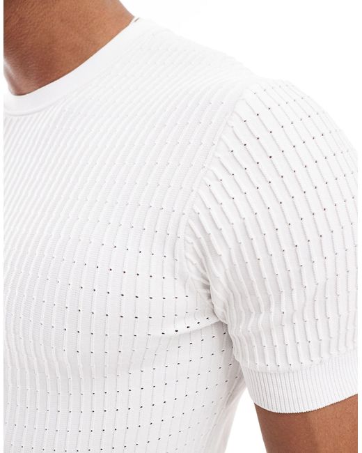 River Island White Muscle Fit Pointelle T-shirt for men