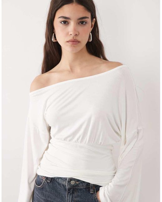 ASOS White Fallen Shoulder Cinched Waist Top