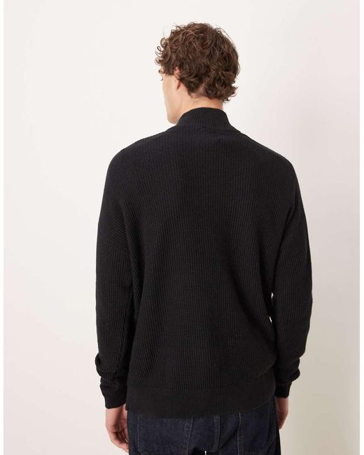 ASOS Black Relaxed Knitted Pique Funnel Neck Jumper for men