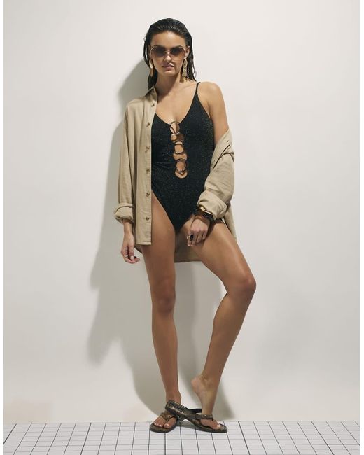 River Island Black Metallic Ring Swimsuit