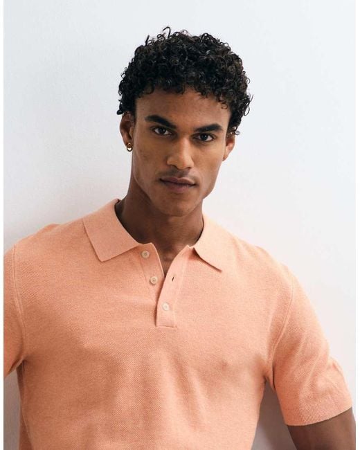 Mango Orange Knitted Revere Collar Polo Top for men