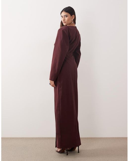 ARRANGE Red High Neck Shoulder Pad Pleated Waist Maxi Dress