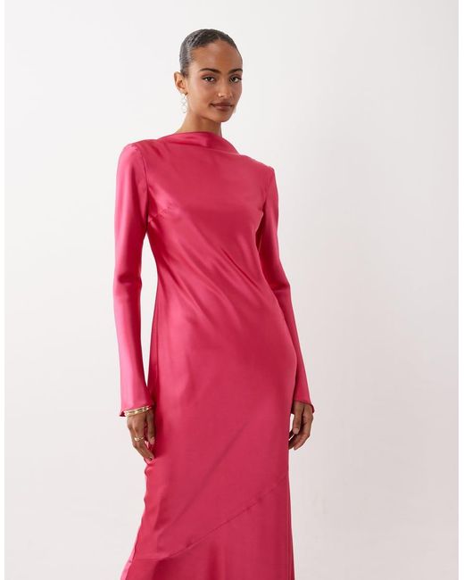 DASKA Pink Satin Bias Long Sleeve Seam Detail Maxi Dress