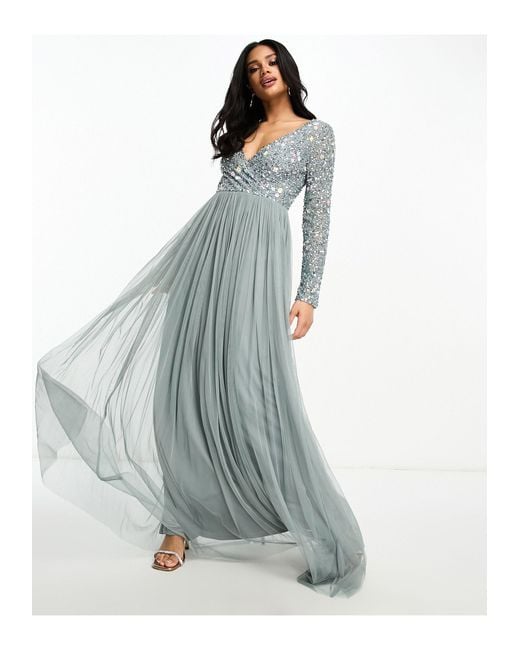 Beauut Blue Bridesmaid Wrap Front Maxi Dress With Mutli Coloured Embroidery And Embellishment