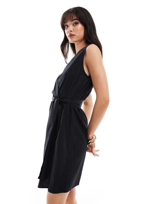 Vila Black Linen Blend Wrap Front Mini Dress With Tie Belt