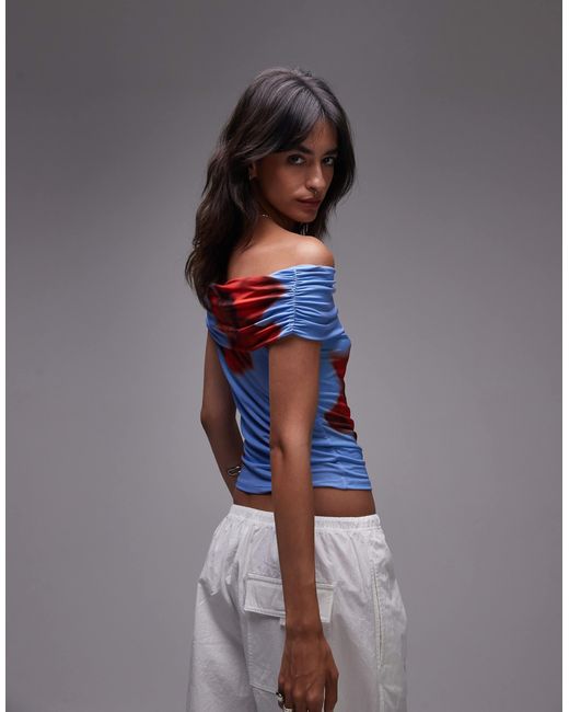 TOPSHOP Blue Floral Print Microfibre Deep Fold Bardot Top