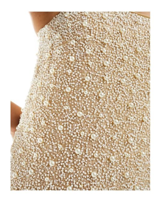 & Other Stories Natural Bandeau Midi Dress With Sequin And Faux Pearl Embellishment