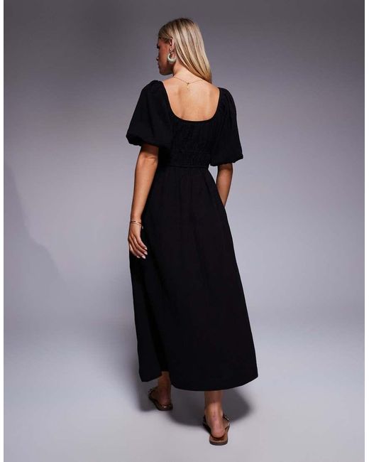 Vestido Midi Con Mangas Abullonadas De Tejido Efecto Lino De River Island de color Black