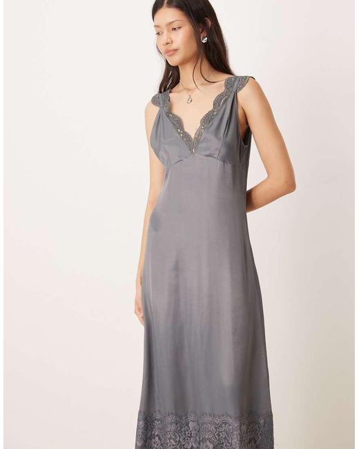 ASOS Gray Lace Detail V Neck Satin Maxi Dress