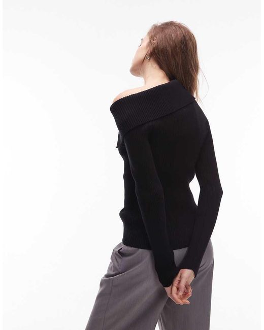 & Other Stories Black Knitted Top With Asymmetric Off Shoulder Collar
