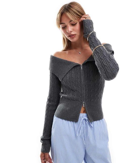 Bershka Blue Bardot Zip Front Cable Knit Jumper