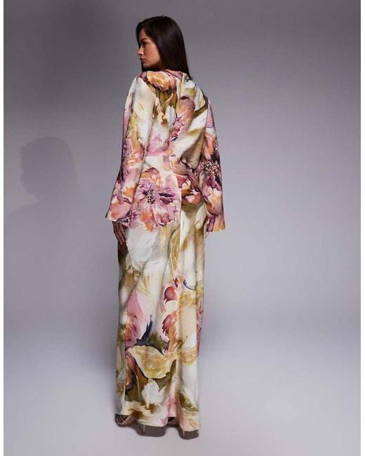 ASOS Multicolor Long Sleeve Tucked Waist Bias Maxi Dress