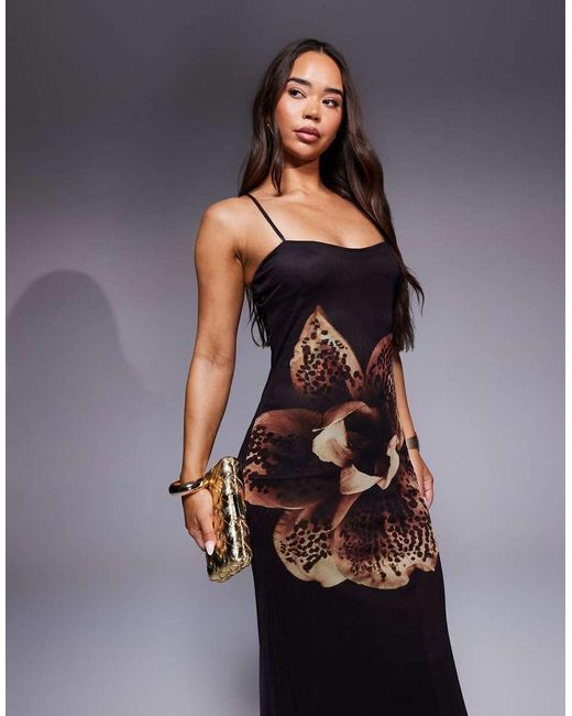 ASOS Blue Tie Front Cami Maxi Dress With Sash Detail And Placement Print