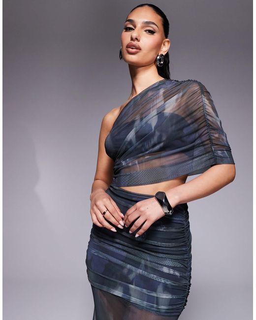 ASOS Blue One Shoulder Maxi Dress With Ruched Bodice And Sheer Skirt