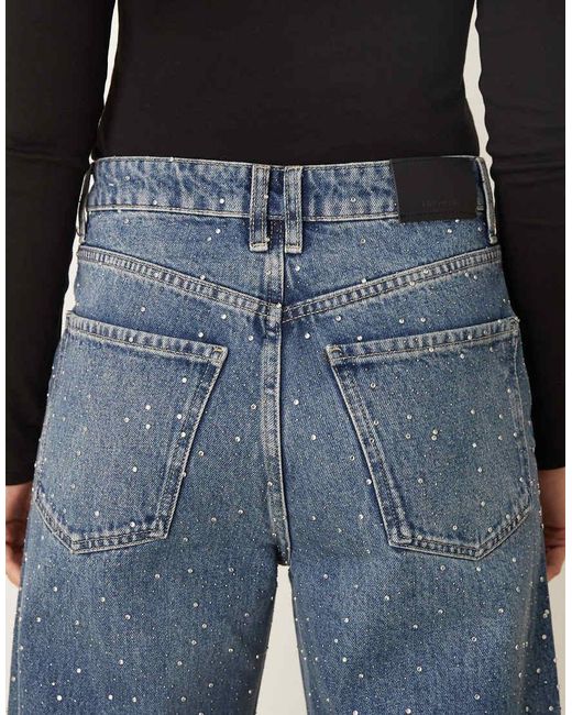 Mango Blue Caribe 100% Cotton Embellished Wide Leg Jean