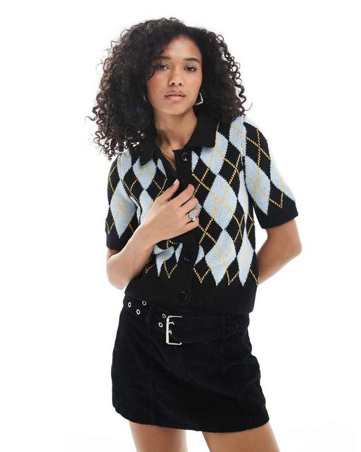 Cardigan A Maniche Corte Con Stampa A Rombi E Colletto Stile Polo di Vero Moda in Black
