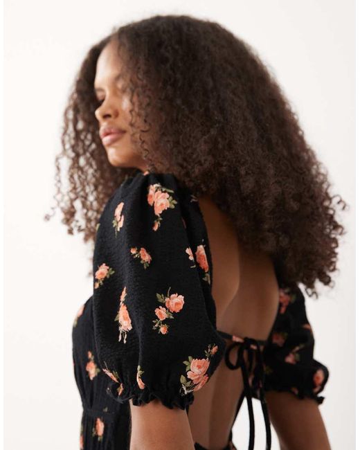 Miss Selfridge Black Seersucker Puff Sleeve Milkmaid Maxi Dress