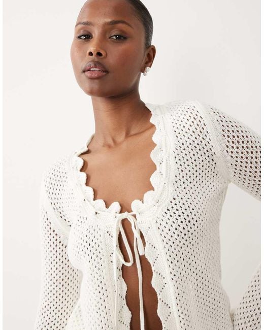 The Frolic Purple Exclusive Cotton Rich Open Crochet Scallop Edge Tie Split Front Long Sleeve Beach Top Co-Ord