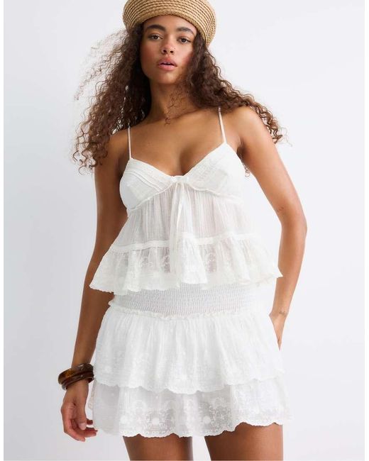 Stradivarius White Embroidered Flowing Strappy Top