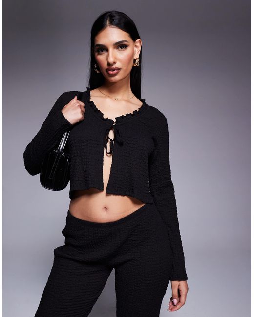 ASOS Black Texture Wide Neck Ruffle Edge Long Sleeve Tie Up Top
