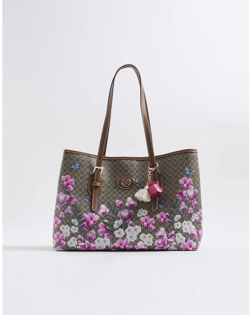River Island White Floral Monogram Buckle Shopper Bag