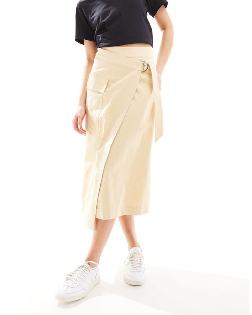 & Other Stories Natural Asymmetric Wrap Midi Skirt With Utility Pocket Detail