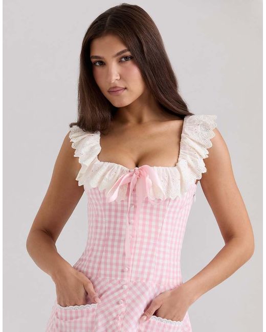 House Of Cb Pink Astra Cotton Ruffle Neck Mini Dress