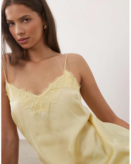 New Look Natural Longline Asymmetric Lace Trim Satin Cami Top