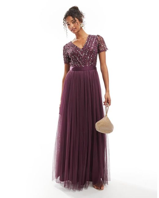 Maya Purple Belted Stripe Embellished Bridesmaid Maxi Dress