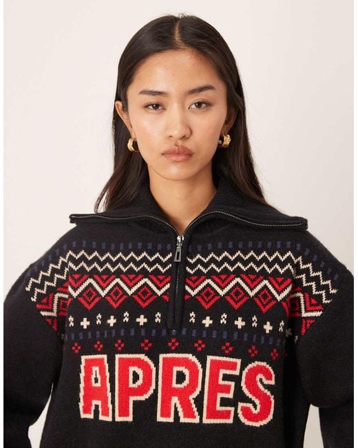 ASOS Red Ski Slogan Half-zip Fair Isle Jumper