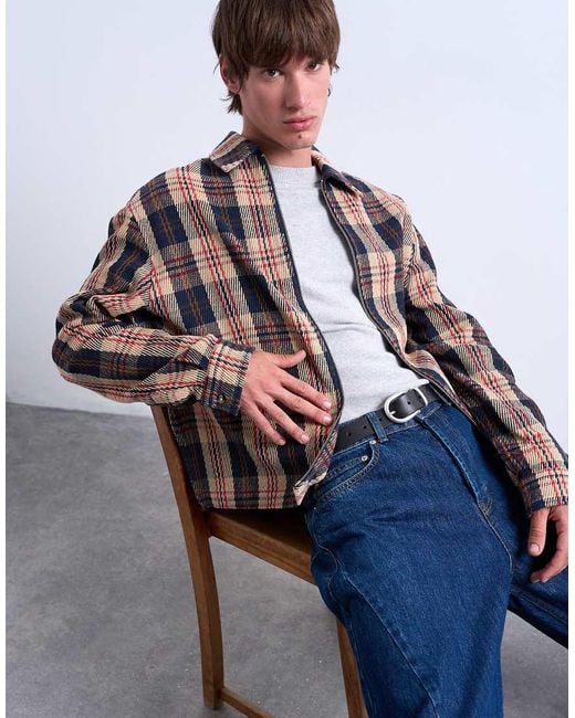 Topman Blue Regular Fit Textured Check Overshirt With Zip for men