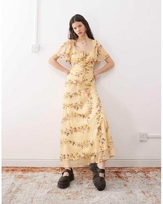 Robe longue à petites fleurs avec dentelle - jaune Reclaimed (vintage) en coloris Natural