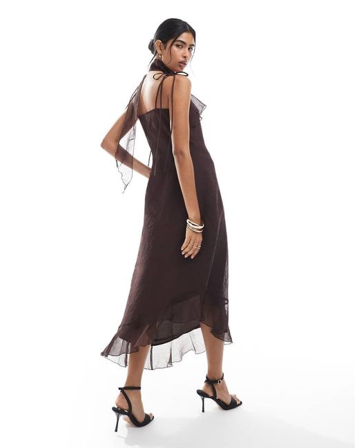 Vero Moda Brown Chiffon Asymmetric Hem Ruffle Dress With Scarf Detail