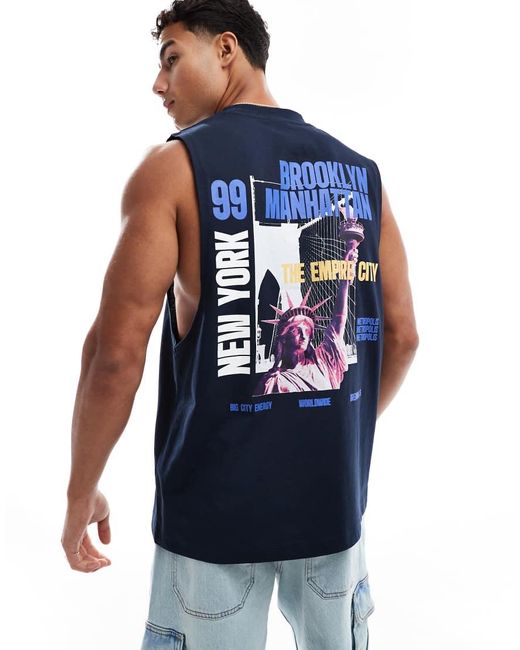 Camiseta Azul Marino Sin Mangas Extragrande Con Estampado Gráfico De Ciudad De ASOS de hombre de color Blue
