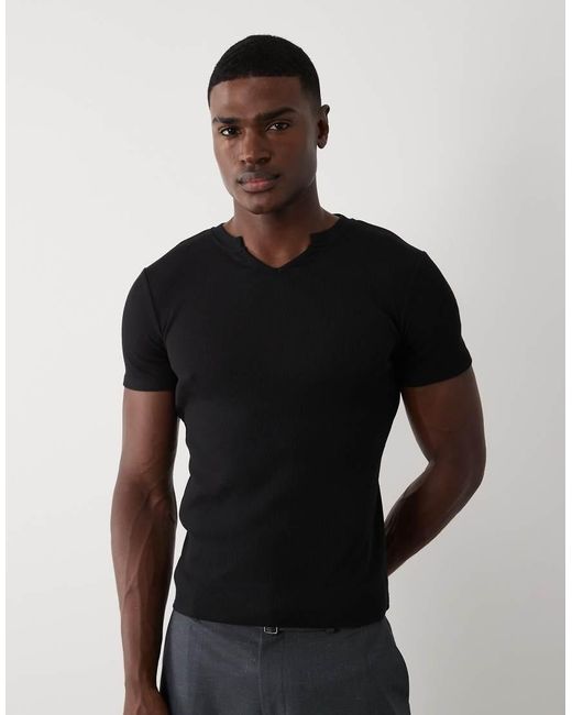 ASOS Black Muscle Fit Ribbed T-shirt With Notch Neck for men