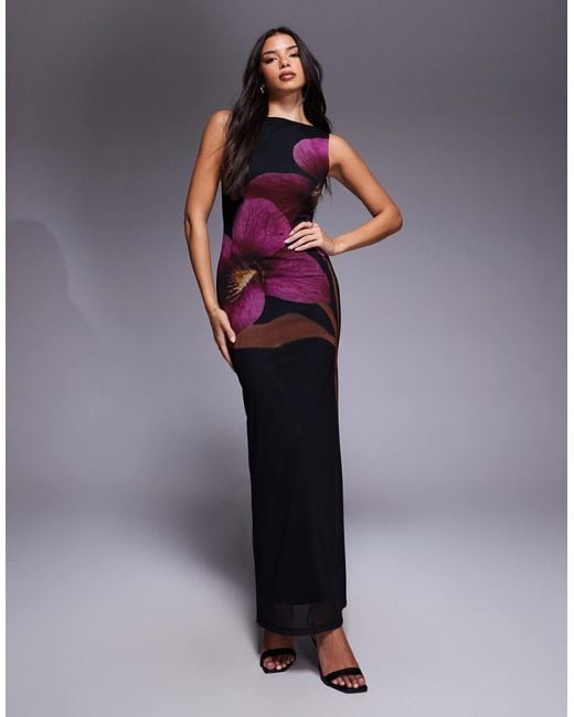 ASOS Purple Slash Neck Mesh Maxi Dress With Placement Floral Print