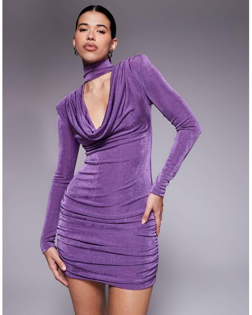 Ruched & Ready Purple Removable Shoulder Pad Detail Choker Cowl Neck Sculpting Hotfix Mini Dress