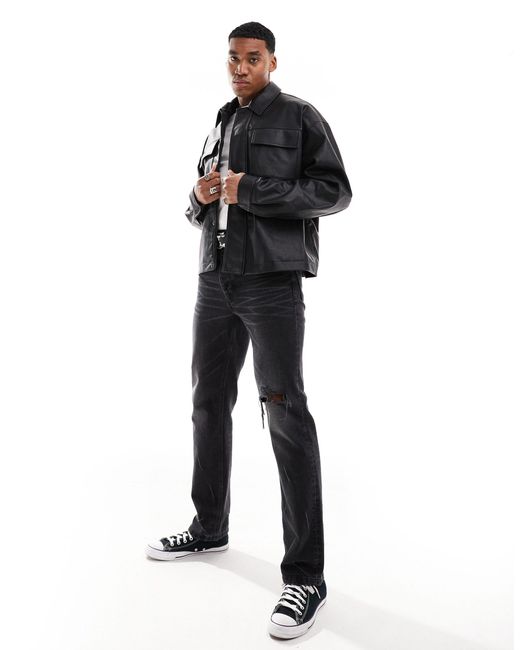 ASOS Black Faux Leather Oversized Shacket With Pockets for men