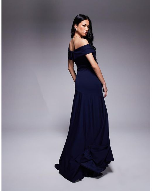 Goddiva Blue Scuba Crepe Off Shoulder Front Split Maxi Dress