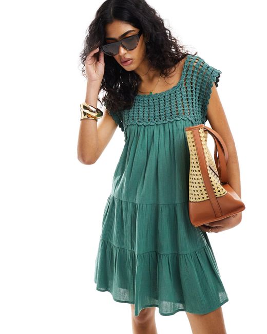 ASOS Green Crochet Swing Tiered Mini Dress
