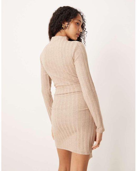 ASOS Natural Ribbed High Neck Tie Front Mini Dress