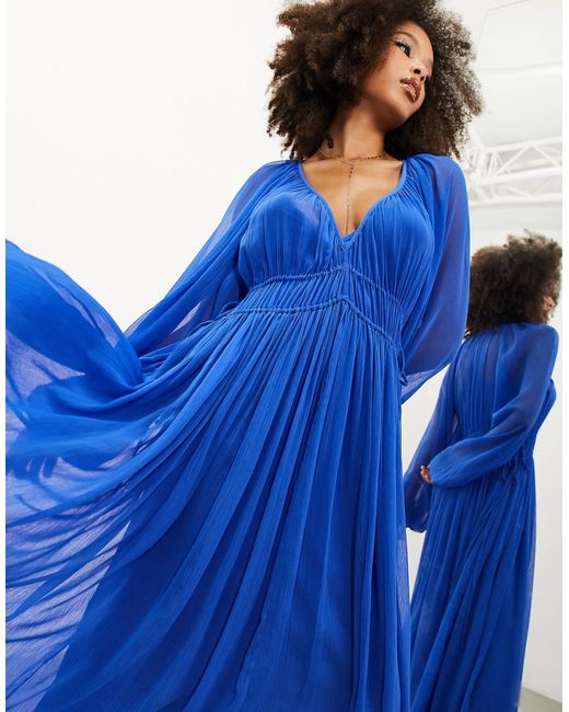 ASOS Ruched Gathered Waist Chiffon Maxi Dress in Blue | Lyst Canada
