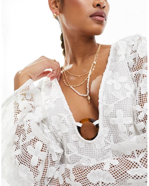 ASOS White Flared Sleeve Crochet Mini Dress With Ring Detail