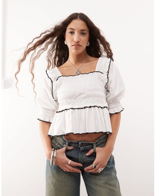 Collusion White Extreme Ruched Puff Sleeve Blouse With Contrast Ties