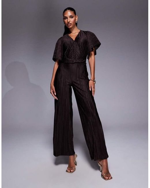 Mono Largo Marrón Escotado Y Plisado De Manga Corta Con Cintura Cruzada De ASOS de color Natural