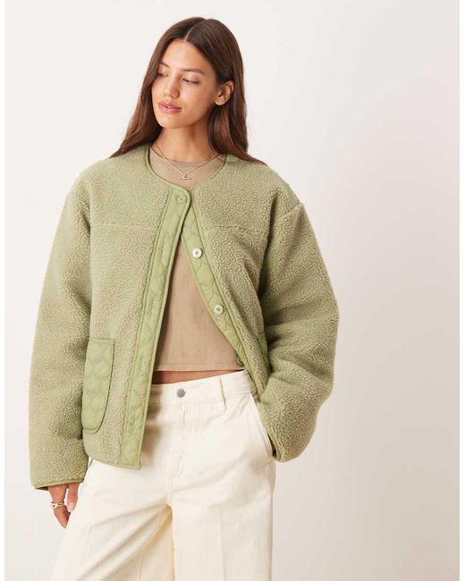 ASOS Natural Borg Fleece Jacket With Quilted Nylon Detail