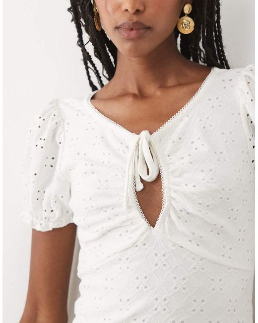 Miss Selfridge White Textured Mini Dress With Keyhole And Picot Trim