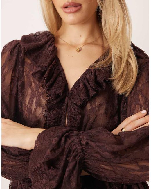 LACE & BEADS Brown Sheer Lace V Neck Ruffle Detail Top